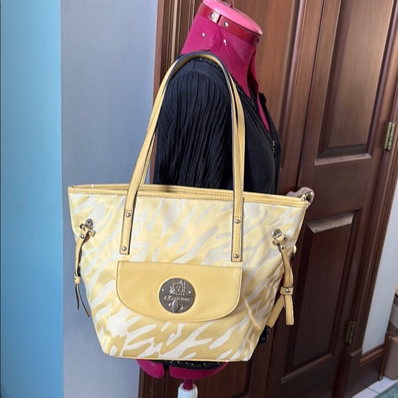 Anne Klein shoulder bag small tote zebra pattern fabric yellow/yellow trim NWOT - Picture 3 of 17